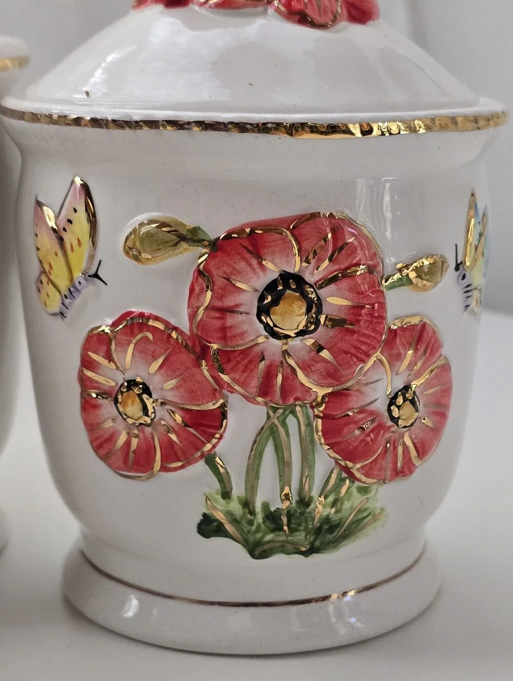 Hand Painted Ceramic Poppy Canister Set Gold Trim Floral Kitchen Storage Jars